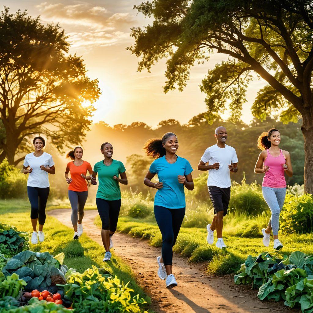 A radiant sunrise illuminating a lush green landscape, symbolizing hope and renewal. In the foreground, a diverse group of individuals engaging in healthy activities like jogging, yoga, and outdoor cooking with fresh vegetables. Prominent visual elements include a stethoscope intertwined with a vine, representing the connection between health and nature. Soft, uplifting colors to evoke positivity. super-realistic. vibrant colors.