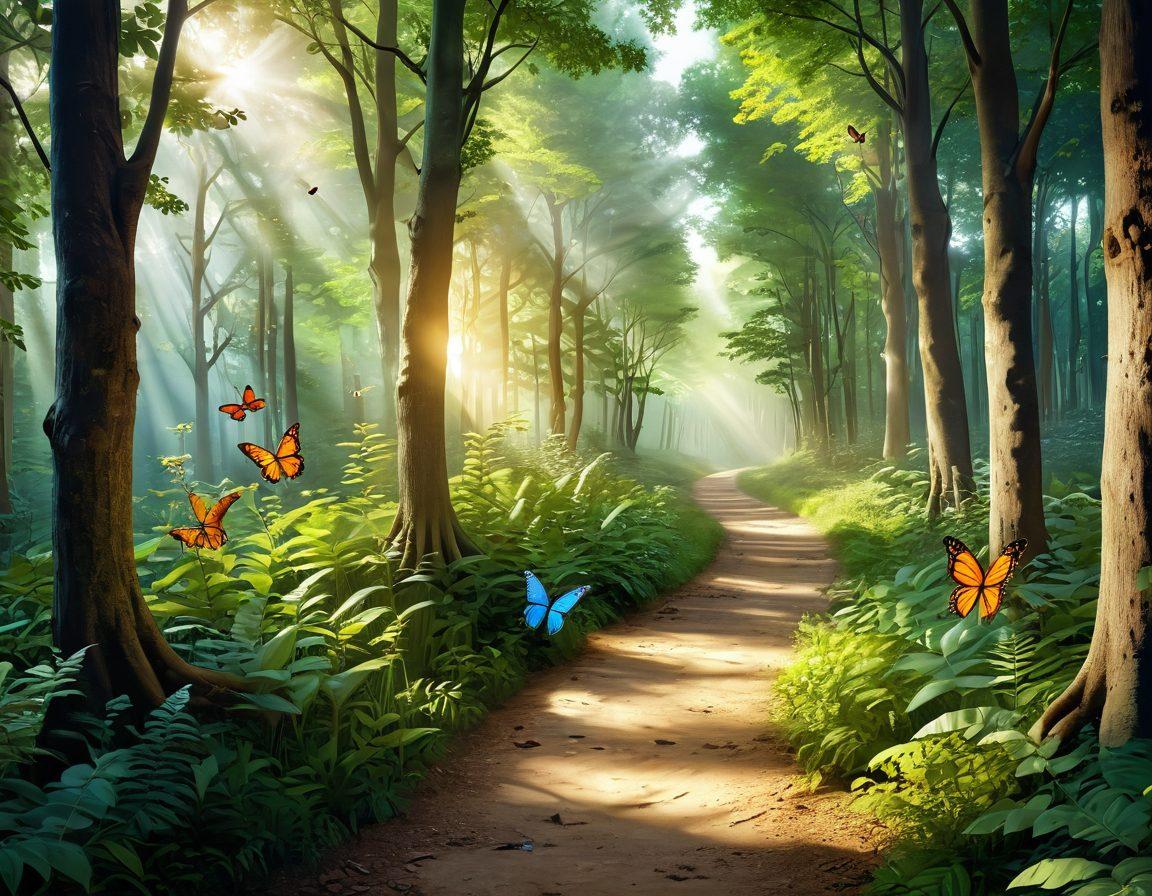 A serene pathway through a lush, green forest symbolizing a journey, with supportive hands reaching out along the sides. Include symbols of hope like butterflies and light peeking through the trees, representing recovery and advocacy. Soft, warm light filtering through the leaves to evoke a sense of peace and support. super-realistic. vibrant colors. 3D.