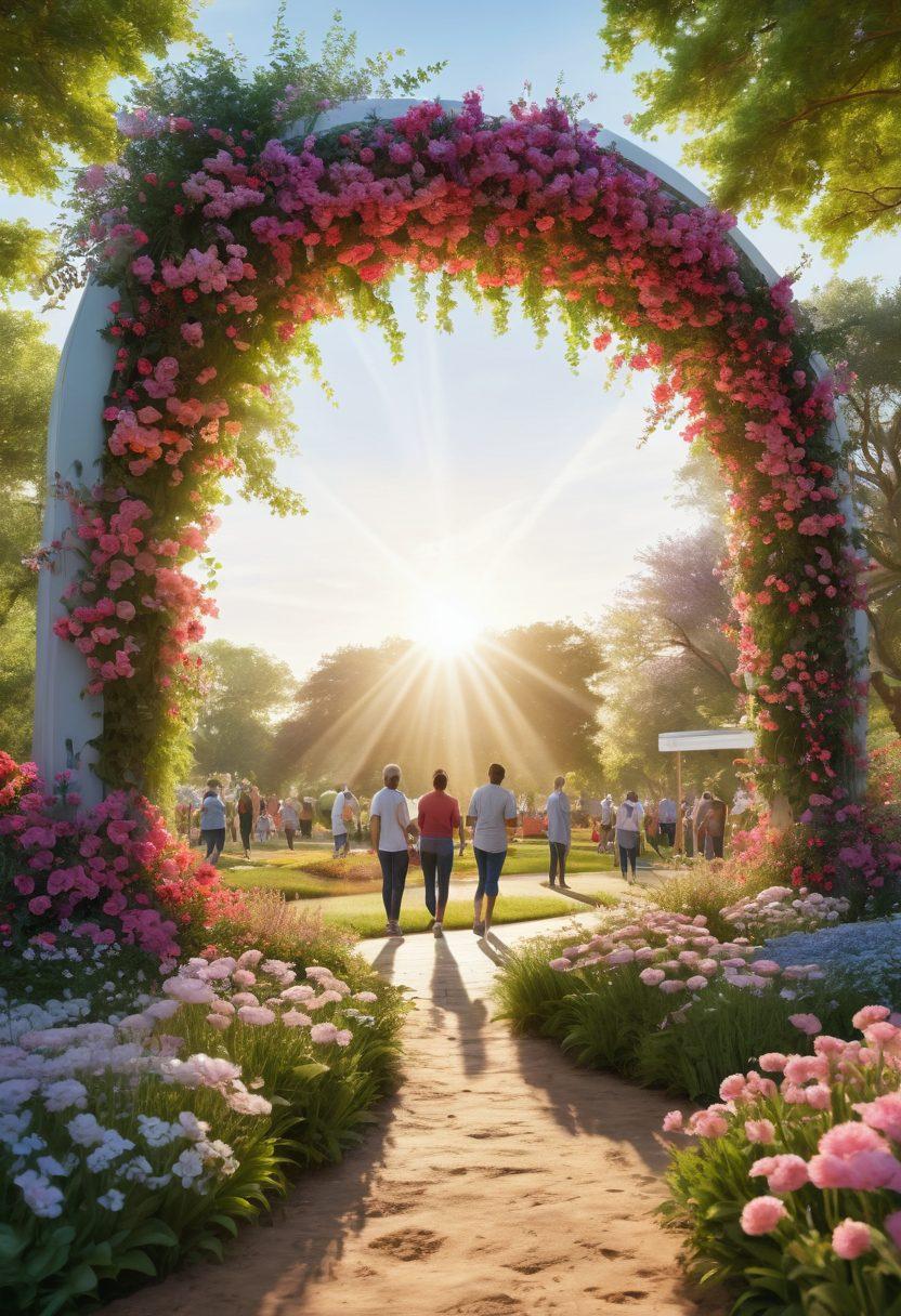 A serene landscape with a diverse group of people engaging in uplifting activities, like gardening, exercising, and sharing stories, surrounded by blooming flowers symbolizing hope and resilience. In the background, a large ribbon-shaped structure representing cancer awareness reflects the sun's rays. The scene is bathed in warm, inviting light, inspiring a sense of community and strength. vibrant colors. super-realistic. 3D.